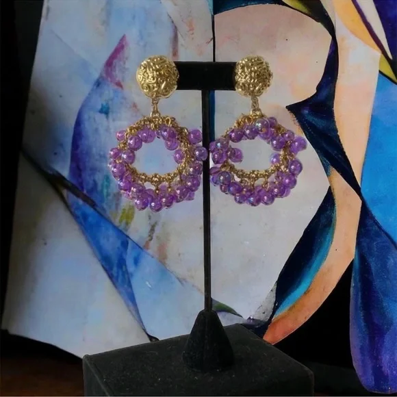 1990s Purple and Gold Pierced Earrings - Picture 2 of 2